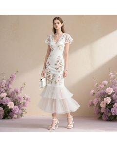 Elegant White Lace Floral Embroidered Mermaid Dress with Tulle Skirt