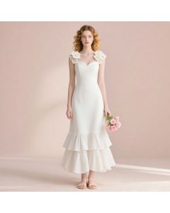 Elegant White Dress with Floral Shoulder Accents & Tiered Ruffle Hem - Wedding/Bridesmaid Style