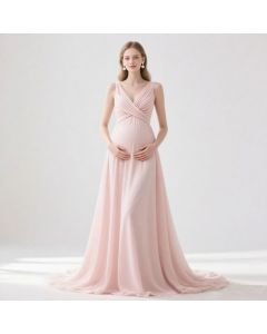 Elegant Pink Maternity Long Gown - V-Neck Pleated Chiffon Dress
