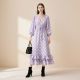 Women&#039;s Purple Polka Dot Midi Dress - V-Neck Puffy Sleeves Ruffled Hem Waist Tie