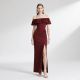 Elegant Burgundy Off - Shoulder Ruffled Slit Maxi Dress for Evening Events