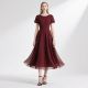 Elegant Burgundy Short - Sleeve Midi Dress with Flowy Tulle Skirt