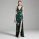Emerald Green Embroidered Sequined Slit Evening Gown - Elegant Formal Dress