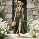 Olive Green Sleeveless V-Neck Ruffled Maxi Dress with Side Slit &amp; Belt - Summer Boho Style
