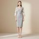 Elegant Gray V - Neck Midi Dress with Floral Lace Sleeves &amp; Waist Belt