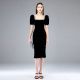 Elegant Black Velvet Dress: Pearl-Embellished Square Neck &amp; Puff Sleeves for Formal Occasions