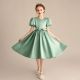 Green Puff - Sleeve Girl&#039;s Dress with White Embroidery for Party Occasions