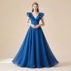Royal Blue Long Evening Gown with Ruffled Shoulder &amp; V-Neck - Elegant Formal Dress
