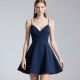 Elegant Navy Blue Spaghetti Strap Short Dress with Wrap Bodice &amp; Flared Skirt