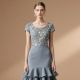 Elegant Blue Mermaid Dress with Sequin Embroidery &amp; Ruffled Hem - Short Sleeve Evening Gown